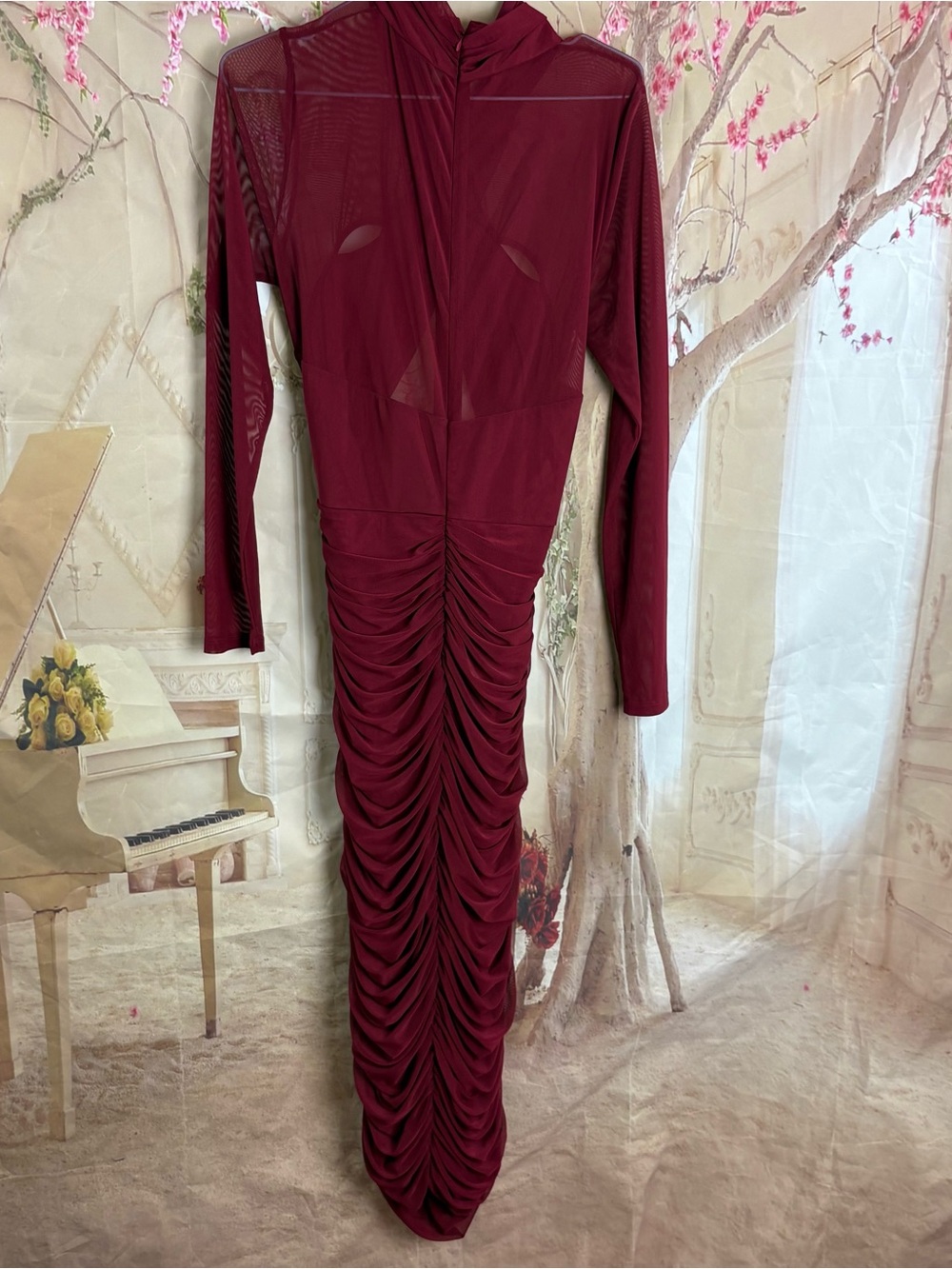 NEW Alexia Admor Burgundy Ruched Mesh Long-Sleeve Evening Dress - Picture 5 of 11